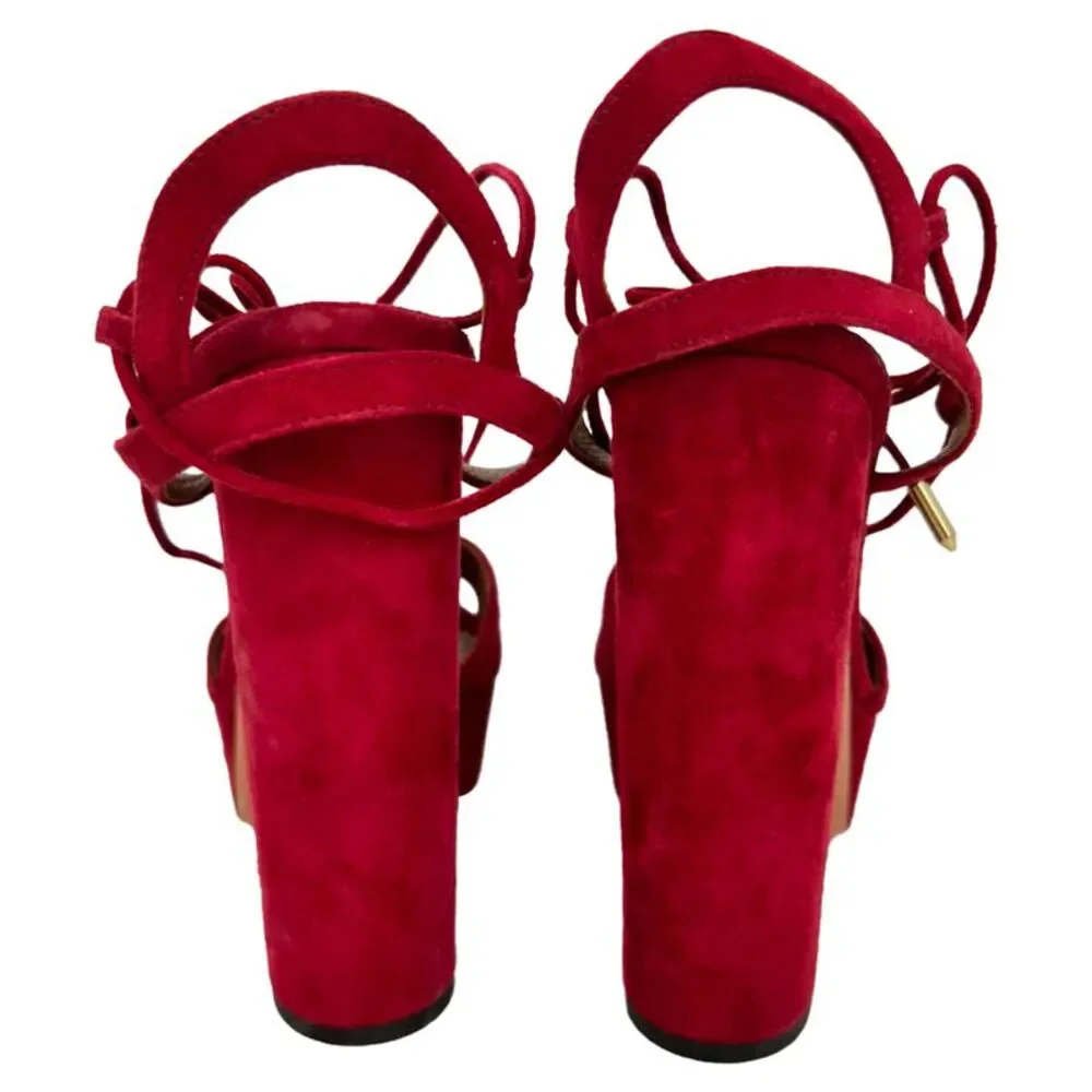 Aquazzura Austin Platform Sandal heels in Burgundy Suede